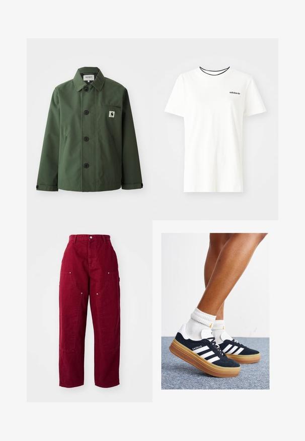 Donkergroen jack gemaakt van soepele stof met een rechte snit, voorzien van een kraag, knopen aan de voorkant, een borstzak en zijzakken.; Witte katoenen t-shirt met korte mouwen en een ronde halslijn. Heeft een zwart Adidas-logo op de borst en een contrasterende zwarte binnenkraag.; Bordeaux wijde broek van katoen, met twee grote zijzakken, een knoopsluiting en een relaxed fit met zichtbare stikseldetails.; Zwarte suède sneakers met witte strepen en accenten, ronde neus, gum rubberen buitenzool, gecombineerd met witte geribbelde crewkousen.