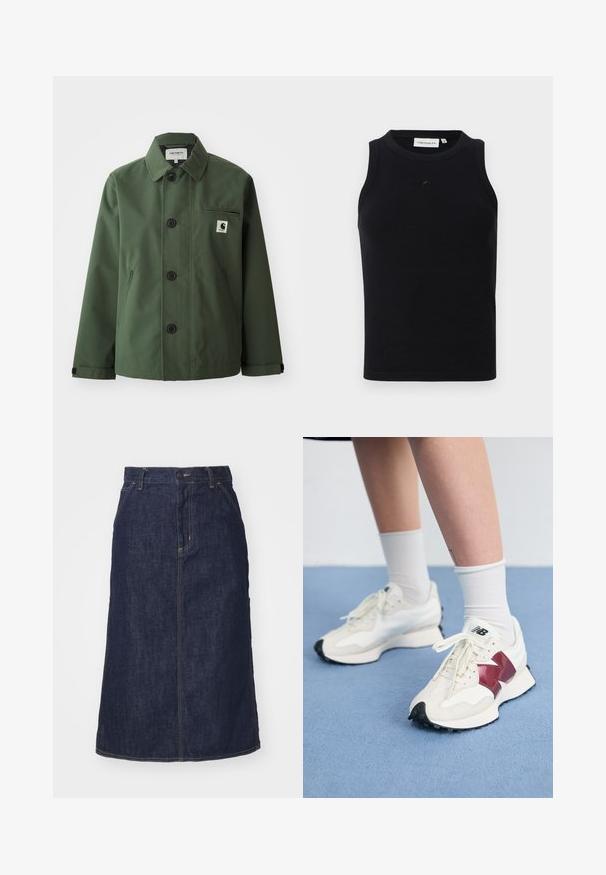 Mørkegrøn jakke lavet af glat stof med lige snit, hvilket inkluderer krave, forknapper, brystlomme og sidelommer.; Sort ærmeløs tanktop lavet af ribbet stof, med rund halsudskæring og et lille logo på forsiden. Enkel, tætsiddende design.; Mørk denimnederdel med høj talje, lige skæring, forlommer og stikninger. Har lynlås og knaplukning i taljen.; Et par hvide sneakers med maroon detaljer, strukturerede paneler, flad sort sål og lyse snørebånd, båret med hvide ankelstrømper.