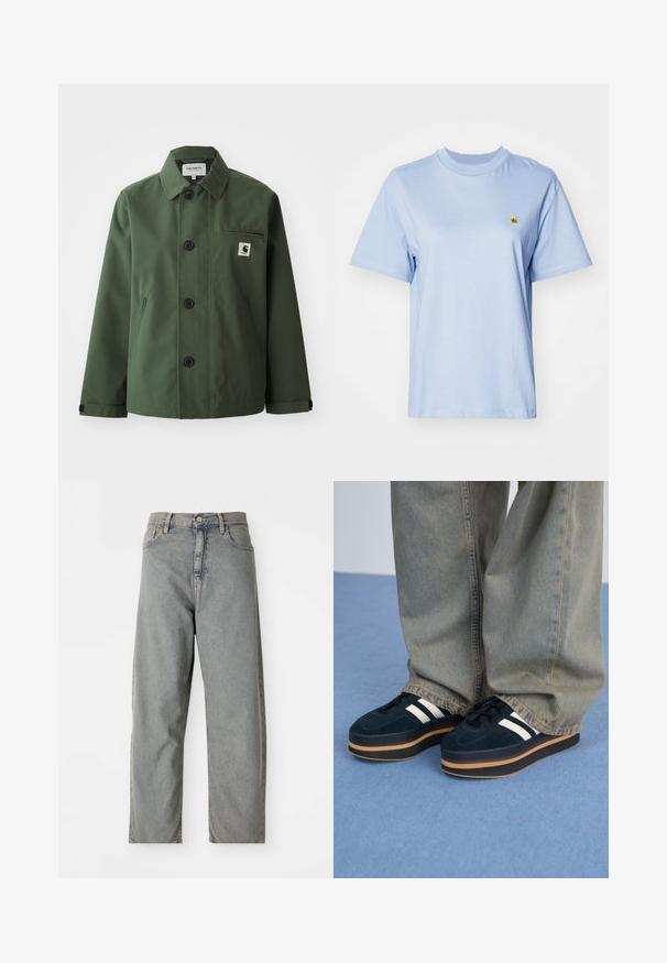 Mørkegrøn jakke lavet af glat stof med lige snit, hvilket inkluderer krave, forknapper, brystlomme og sidelommer.; Lys blå bomulds t-shirt med korte ærmer, rund halsudskæring og lille gul broderet logo på brystet. Blød tekstur, afslappet pasform.; Lys grå denim jeans med et lige ben-design, der har en frontknaplukning, fem lommer og subtilt slid.; Mørkeblå ruskinds-platform sneakers med hvide striber og sorte snørebånd. Har en tyk brun gummisål. Bæres med lyseblå denimbukser.