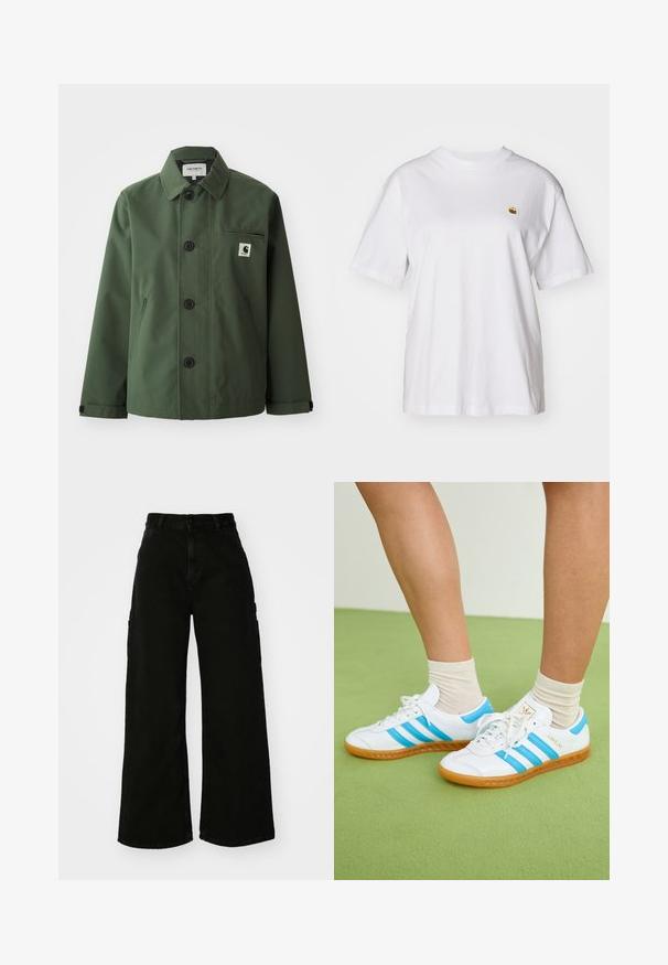 Sötétzöld kabát sima anyagból, egyenes szabású, hímzett gallérral, elől gombokkal, mellzsebbel és oldalzsebekkel.; Fehér pamut póló laza szabással, rövid ujjakkal és egy kis hímzett logóval a bal mellrészén.; Fekete, bő szárú cargo nadrág, denim anyagból, magas derékkal, elülső gombos záródással és oldalsó zsebekkel. Sima textúra minimális varrással.; Fehér sportcipők világoskék csíkokkal, gumitalppal és fűzős dizájnnal. Arany logóval és sima bőrhatású felülettel rendelkezik.