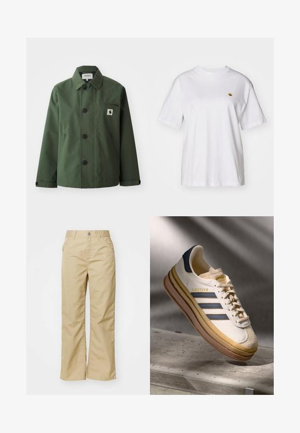 Dunkelgrüne Jacke aus glattem Stoff mit geradem Schnitt, ausgestattet mit einem Kragen, vorderen Knöpfen, Brusttasche und seitlichen Taschen.; Weißes Baumwoll-T-Shirt mit lockerem Schnitt, kurzen Ärmeln und einem kleinen gestickten Logo auf der linken Brustseite.; Beige Baumwoll-Hose mit weitem Bein und glatter Textur, mit vorderen Taschen und einem silbernen Knopf am Bund.; Adidas Gazelle Sneaker mit einem Obermaterial aus cremefarbenem Wildleder, blauen Lederakzenten, drei blauen Streifen, beiger Zwischensohle und brauner Gummisohle.