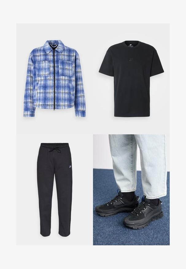 Veste à carreaux bleus avec fermeture éclair à l'avant, deux poches poitrine et un col structuré. Fabriquée dans un tissu texturé avec des accents blancs et noirs.; T-shirt en coton noir Nike avec un col rond classique, des manches courtes et un logo embossé subtil sur la poitrine. Texture lisse.; Pantalons de survêtement noirs en tissu doux, avec une taille élastique, un cordon de serrage et un petit logo Nike sur la cuisse gauche.; Des chaussures de sport noires avec un tissu texturé et des semelles en caoutchouc, dotées de lacets élastiques et d'un accent bleu au talon. Portées avec un pantalon en denim clair.