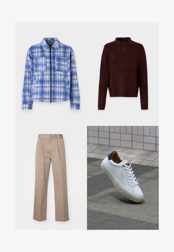 Sinine ruuduline jakk, millel on tõmbluku esiosa, kaks rinna-taskut ja struktureeritud krae. Valmistatud tekstuuritud kangast, millel on valged ja mustad aktsendid.; Pruun kudumiga pehme pullover, millel on polo kaelus, kolm nuppu kaela juures ja pikad varrukad. Pehme tekstuur, ribidega mansetid ja äär.; Bežid kõrge vöökohaga püksid, millel on laiad sääred. Omavad kaht esist kurru ja siledat tekstuuri. Standardne pikkus ja puhas viimistlus.; Valge nahast tennis, millel on tumesinine konts, ümmargune nina ja kontrastsed pruuni aktsendid. Omab lamepaelti ja tekstureeritud kummist tallat.