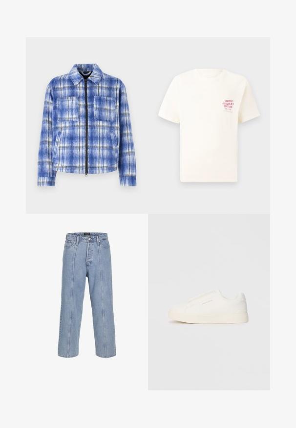 Blå rutiga jacka med dragkedja fram, två bröstfickor och en strukturerad krage. Tillverkad i ett texturerat tyg med vita och svarta accenter.; Vit kortärmad T-shirt med röd text "Studio Originals Edition" på vänster bröst, är uppställd på en neutral grå bakgrund.; Ljusblå denimjeans med lös passform, vida ben och synliga sömnadsdetaljer. Funktioner en knapp- och dragkedjestängning samt fem fickor.; Vita slip-on sneakers med en texturerad yta, en tjock sula och minimalistisk design. Har varumärkeslogotypen på sidan.