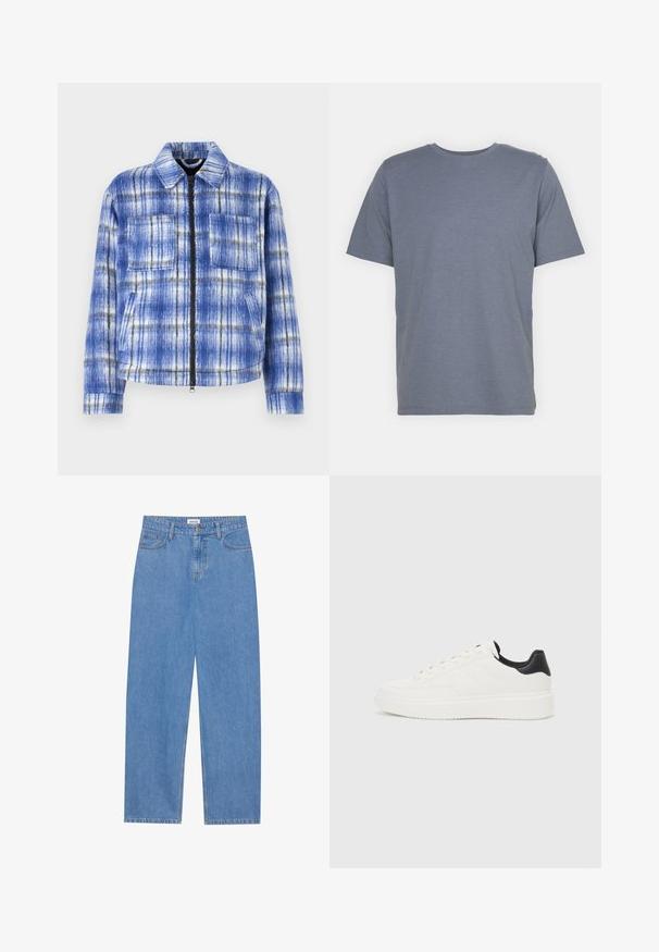 Giacca a quadri blu con zip frontale, due tasche sul petto e colletto strutturato. Realizzata in tessuto testurizzato con dettagli bianchi e neri.; T-shirt grigia a maniche corte con collo rotondo, realizzata in morbido tessuto misto cotone. Design semplice, senza motivi né dettagli.; Jeans in denim azzurro chiaro con taglio dritto, design a cinque tasche, chiusura a pulsante singolo e dettagli di cucitura discreti sulle cuciture.; Sneaker in pelle bianca con motivo stampato, suola intermedia bianca testurizzata e accentuazione nera sul tallone. Presenta punta arrotondata e lacci piatti.