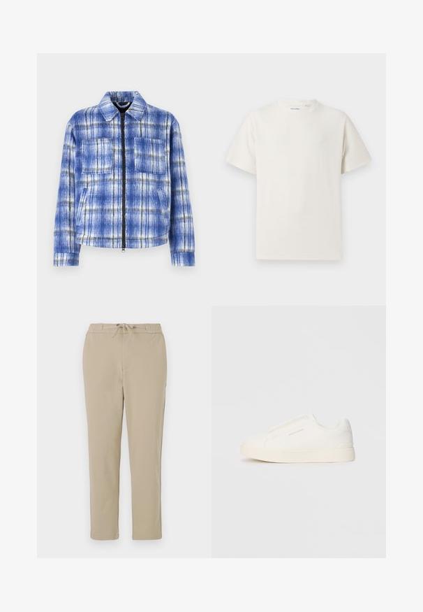 Veste à carreaux bleus avec fermeture éclair à l'avant, deux poches poitrine et un col structuré. Fabriquée dans un tissu texturé avec des accents blancs et noirs.; T-shirt blanc à manches courtes en texture côtelée. Encolure ronde, coupe décontractée, sans motifs ni accents visibles. Design simple et polyvalent.; Pantalons lounge beiges avec une taille élastique et un cordon de serrage, présentant une coupe droite et une texture douce et lisse.; Baskets blanches sans lacets avec une surface texturée, une semelle épaisse et un design minimaliste. Présente le logo de la marque sur le côté.