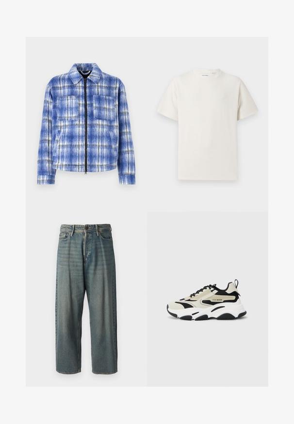 Giacca a quadri blu con zip frontale, due tasche sul petto e colletto strutturato. Realizzata in tessuto testurizzato con dettagli bianchi e neri.; T-shirt bianca a maniche corte in texture a coste. Girocollo, vestibilità rilassata, senza modelli o accenti visibili. Design semplice e versatile.; Jeans di denim azzurro chiaro con vestibilità ampia, vita media e gambe dritte. Presenta cinque tasche, passanti per cintura e chiusura con bottone.; Sneaker chunky con tomaia in rete beige e nera, suola intermedia bianca, suola esterna in gomma nera e dettagli del logo sul lato.