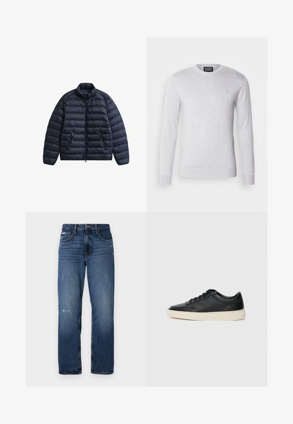 Tummansininen toppatakki, jossa on korkea kaulus, etuvetoketju ja kaksi sivutaskua. Takissa on tikattu kuvio ja logo rinnassa.; Vaaleanharmaa neulepaita, jossa on pitkät hihat, pyöreä pääntie ja pieni logo brodeerattuna rintaan. Pehmeä rakenne, rento muotoilu.; Siniset farkut suoran lahkeen muotoilulla. Edessä kuluneita kohtia ja kevyttä kulumista, klassinen napitus.; Musta matalavartinen nahkastretchu, jossa on mustat nauhat ja vaaleanharmaa pohja, esitetty sivuprofiilissa valkoista taustaa vasten.