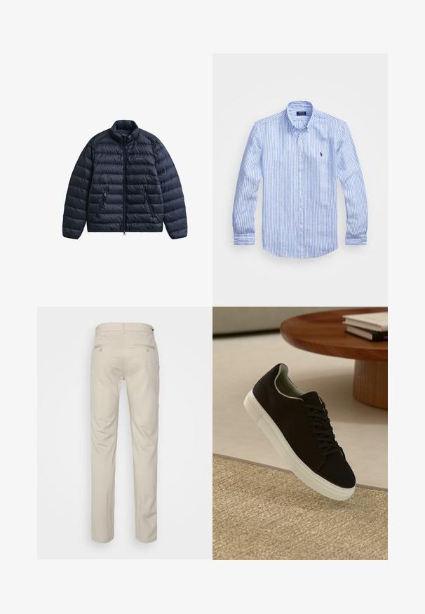 Marineblå dunjakke med høj krave, lynlås foran og to sidelommer. Har quiltet mønster og logo på brystet.; Blå og hvid stribet langærmet skjorte lavet af bomuld, med knap-ned krave, frontknapper og et lille broderet logo på brystet.; Beige bukser med en glat overflade, lige snit, to baglommer med knapper og en standard talje.; Sort sneaker med hvid sål svævende over en beige tekstureret tæppe nær et rundt trætabel med stablede bøger.