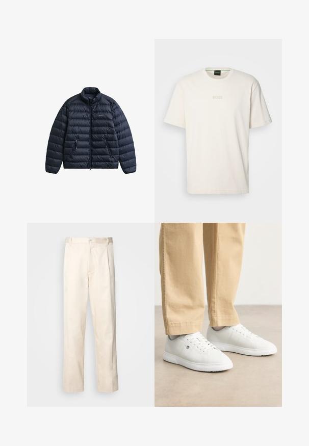 Tummansininen toppatakki, jossa on korkea kaulus, etuvetoketju ja kaksi sivutaskua. Takissa on tikattu kuvio ja logo rinnassa.; BOSS TEE - T-paita - open white; Vaaleanbeige puuvillahousut, joissa on suora lahje, varustettu nappisulkeisella ja etupuolella olevilla laskoksilla lisäyksinä.; Valkoiset nahkakengät, joissa on sileä pinta, pyöreä kärki, nauhakiinnitys ja hienovarainen logoyksityiskohta sivussa, yhdistettynä beigeihin housuihin.