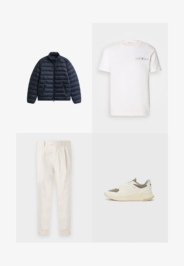 Donkerblauwe pufferjas met een hoge kraag, ritssluiting aan de voorkant en twee zijzakken. Voorzien van een doorgestikt patroon en een logo op de borst.; Witte katoenen t-shirt met ronde hals, korte mouwen en een bedrukt logo. Heeft een minimalistisch design en een relaxte pasvorm.; Witte, geplooide broeken met een getailleerde pasvorm, met een gladde textuur, riemlussen en taps toelopende benen. Geen zichtbare zakken of patronen.; Witte en lichtbeige sport sneaker, met een bovenwerk van mesh, geperforeerde details en een gestructureerde tussenzool met branding op de hiel.