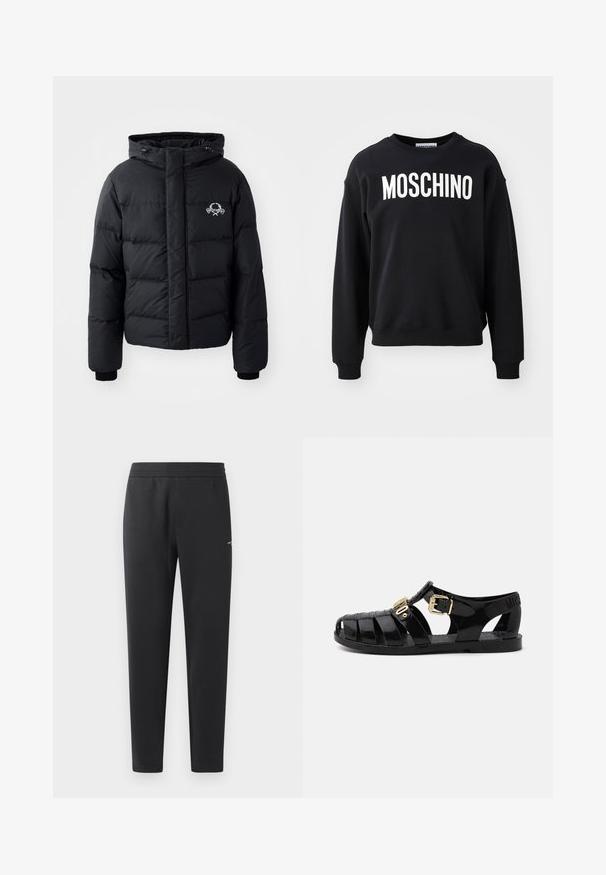 Černá péřová bunda s kapucí, s prošívaným vzorem, elastickými manžetami a logem na hrudi. Vyrobena z hladkého, vodoodpudivého materiálu.; Černá mikina vyrobená z měkkého materiálu, s kulatým výstřihem a žebrovanými manžetami. Výrazné bílé logo "MOSCHINO" na přední straně.; Černé joggingové kalhoty vyrobené z měkké tkaniny, s elastickým pasem, rovnými nohavicemi a malým logem na boku.; Černé gumové sandály s výřezovým designem, vybavené zlatým přezkovým uzavřením a texturovanou stélkou. Razítkované logo na podpatku.