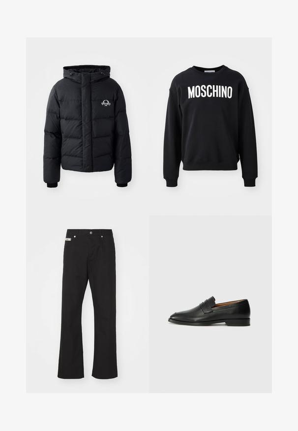 Svart puffjacka med huva, med en quiltad design, elastiska manschetter och en logga på bröstet. Tillverkad av ett slätt, vattenavvisande material.; Svart sweatshirt i mjukt material med rund halsringning och ribbade ärmslut. Framträdande vitt "MOSCHINO"-logotyp över framsidan.; Svarta bomullsbukser med rak passform, med knappstängning fram, två sidofickor och en liten logotyp på midjan.; Svart läderloafersko med rund tå, subtila sömnadsdetaljer och låg klack, med en jämn yta och minimalistisk design.