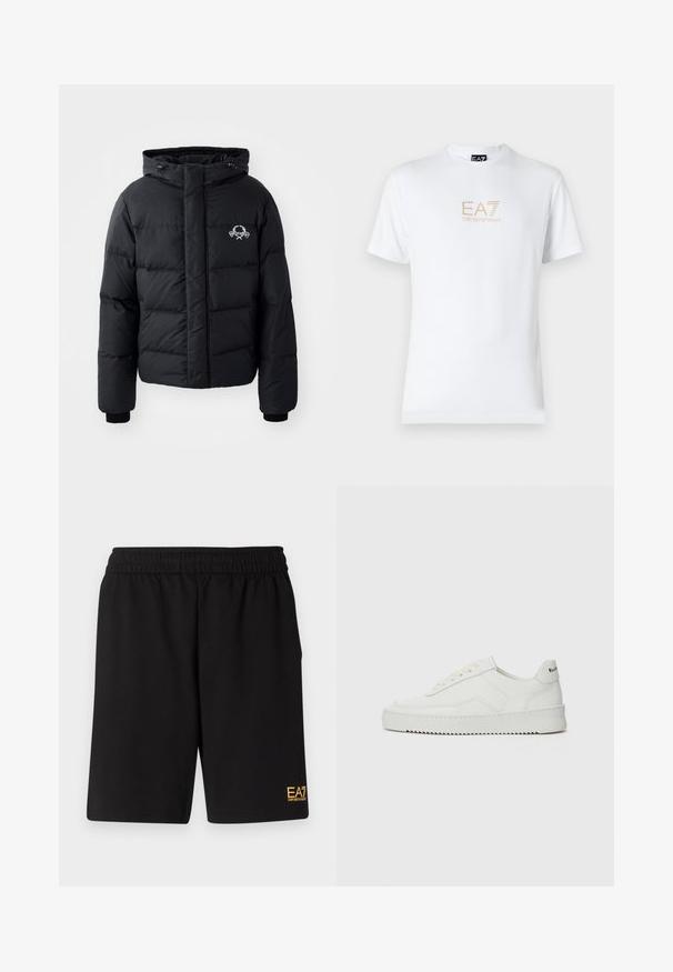 Doudoune noire avec capuche, présentant un design matelassé, des poignets élastiques et un logo sur la poitrine. Fabriquée dans un matériau lisse et résistant à l'eau.; T-shirt en coton blanc avec un col rond et des manches courtes, orné d'un logo doré EA7 Emporio Armani imprimé sur le devant.; Shorts de sport noirs en tissu doux, avec une taille élastique et un petit logo jaune EA7 sur le bas de la jambe gauche.; Baskets en cuir blanc avec une finition lisse, bout arrondi, lacets plats et semelle texturée. Présente un logo discret sur le talon.