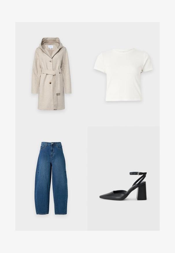Bež plašč iz mešanice volne z kapuco, sprednjim gumbom in pasom. Ima dva stranska žepa ter gladko teksturo. Ohlapen dizajn.; Kratka bela majica iz bombaža s kratkimi rokavi, okroglim ovratnikom in ravnim robom, ki ima gladko teksturo in minimalističen dizajn.; Jeans iz denima v srednjem modrem pranju, z visokim pasom, širokim krojem nogavic in standardnim pet-imenskim dizajnom s vidnimi šivi.; Črne usnjene klasične čevlje z ostrim nosom, z zaponko za gleženj in debelim peto. Ravna tekstura, eleganten dizajn in minimalistična estetika.