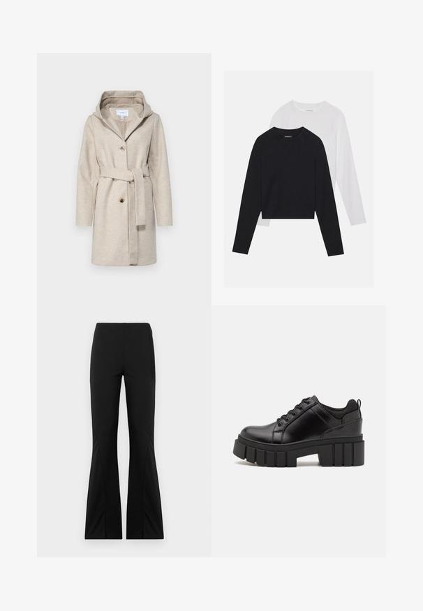 Bežs vilnas maisījuma mētelis ar kapuci, pogu priekšpusi un jostas auklu. Iekļauti divi sānu kabatas un gluda tekstūra. Ikdienišķs stils.; Divas garām piedurknēm krekli: viens melns un viens balts. Abiem ir apaļa izgriezne, raglanu piedurknes un mīksta kokvilnas maisījuma audums.; Melni izplekti bikses, izgatavotas no elastīgas auduma, ar gludu tekstūru, pielāgotu piegriezumu un sadalītu apakšmalu dizainu.; Melnas ādas platformas kurpes ar masīvu bloku papēdi, apaļu purngalu un tradicionālu saistīšanas dizainu. Izceļas ar gludu tekstūru un minimālu apdari.
