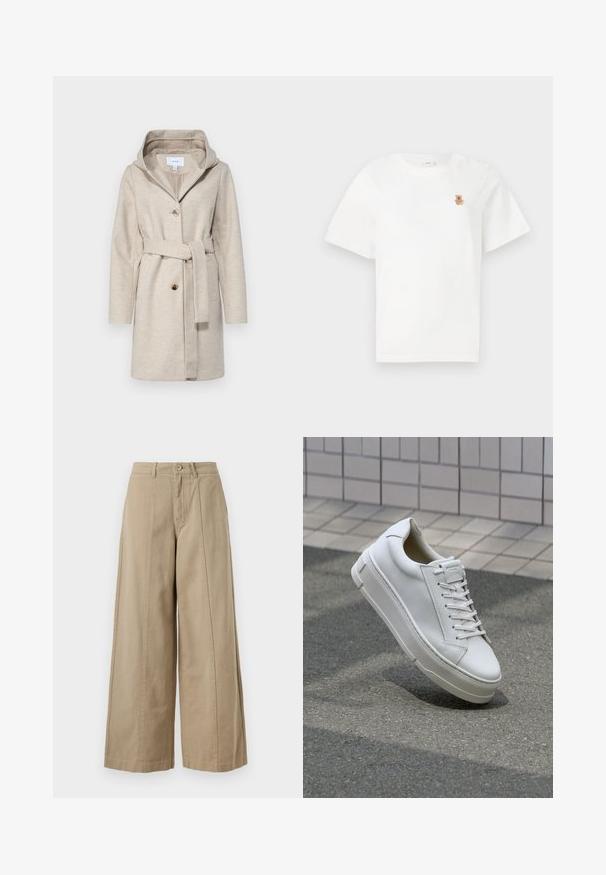 Bežo vilnos mišinio paltas su gobtuvu, priekyje su mygtukais ir juosmeniu. Yra dvi šoninės kišenės ir glotni tekstūra. Atsitiktinis dizainas.; Balta trumpomis rankovėmis marškinėlė su mažuoju ruduoju meškiuku išsiuvinėtu kairiajame krūtinės plote. Paprasta ir kasdieninė dizaino koncepcija.; Smėlio spalvos plačios kelnės, pagamintos iš tvirto medvilnės, su mygtuko užsegimu, diržo kilpomis ir švariu priekiu be matomų kišenių.; Balti odiniai sportbačiai su žemu dizainu, plokščiais raišteliais, apvaliu pirštu ir tekstūruotomis šoninėmis dalimis. Storas guminis padas su subtiliais akcentais.