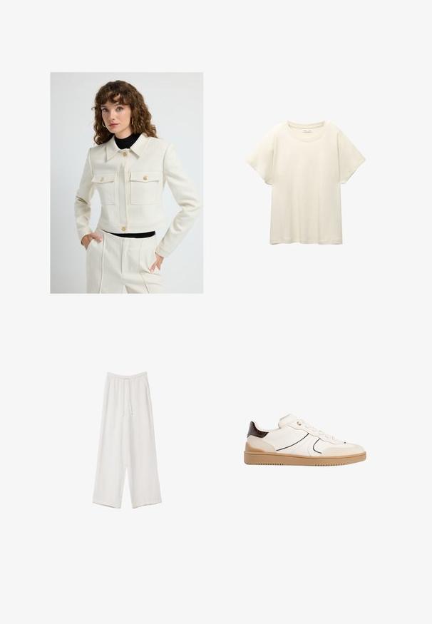 Cropped cream jacket with two front pockets, gold buttons, and a classic collar. Paired with high-waisted tailored pants. Smooth texture.; Light beige short-sleeve t-shirt with a round neckline, made of soft, smooth fabric. Features a relaxed fit and straight hemline.; White wide-leg trousers made from a lightweight fabric. Features an elastic waistband with a drawstring and side pockets. Smooth texture.; Stradivarius Trainers - white