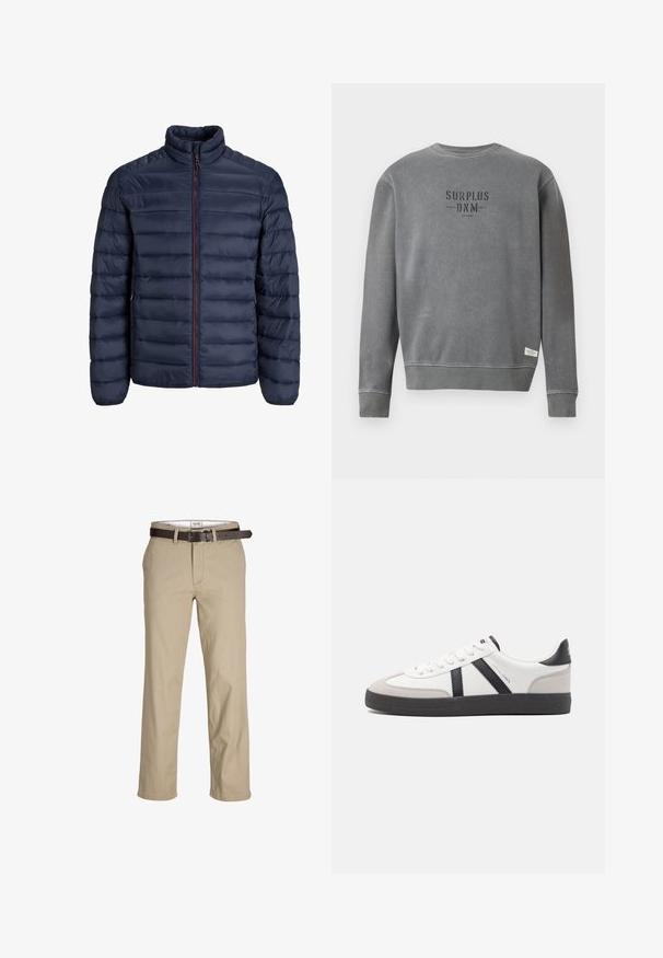 Laivaston sininen puhvijakku, jossa on tikattu muotoilu, korkea kaulus ja etuvetoketju. Varustettu erottuvalla punaisella vetoketjulla ja elastisilla hihaosuilla. Pehmeä rakenne.; Harmaa pitkähihaisuus crewneck-huppari, jossa rintapielessä mustalla printattuna "SURPLUS DNM" -teksti ja pieni valkoinen etiketti helman lähellä.; Vaaleanbeige puuvillahousut suoralinjaisella leikkauksella, varustettuna vyölenkeillä, ruskealla nahkavyöllä ja klassisella muotoilulla. Sileä ja kestävä rakenne.; Valkoiset lenkkarit mustilla ja harmailla yksityiskohdilla, joissa on teksturoitu harmaa kärki, musta kumipohja ja litteät valkoiset nauhat. Siisti muotoilu, minimalistinen tyyli.