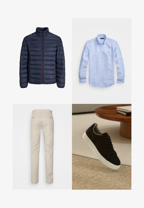 Jūrų kariuomenės pūkinė striukė su siuvinėtu raštu, aukštu apykakle ir priekiniais užtrauktukais. Pasižymi kontrastingu raudonu užtrauktuku ir elastinėmis rankovėmis. Minkšta tekstūra.; Mėlynos ir baltos dryžuotos ilgomis rankovėmis medvilninė marškiniai, turintys sagtelę ant apykaklės, priekinius mygtukus ir mažą išsiuvinėtą logotipą krūtinėje.; Bežinės kelnės su lygia tekstūra, tiesiu pjūviu, dviem užpakalinėmis kišenėmis su sagomis ir standartine juosmena.; Juodas sportinis batelis su baltu padu, lekiančius virš smėlio spalvos tekstūruoto kilimo šalia apvalaus medinio stalo su sukrautomis knygomis.