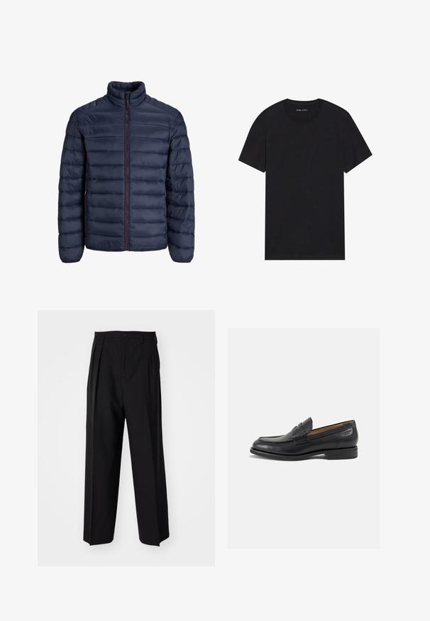 Navy puffer jacket with quilted design, high collar, and a front zipper. Features a contrasting red zipper and elastic cuffs. Soft texture.; Black cotton t-shirt with short sleeves and a round neckline. The fabric has a smooth texture and a simple, solid design.; Black pleated trousers with a straight, wide-leg design. Made from smooth fabric, featuring a button closure and belt loops.; Black leather loafers with a smooth finish, rounded toe, and decorative stitching on the vamp. Low stacked heel and slight shine.