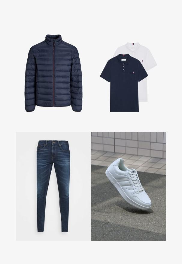 Námořnická puffer bunda s prošívaným designem, vysokým límcem a předním zipem. Má kontrastní červený zip a elastické manžety. Měkká textura.; Dvě polo trička: jedno námořnické modré a jedno bílé, obě s malým červeným, bílým a modrým akcentem na kapse a límci.; Tmavě modré džíny z denimu s úzkým střihem, jemným vyblednutím, pěti kapsami a kovovým zapínáním na knoflík. Šité akcenty v kontrastní barvě.; Bílé sportovní tenisky s hladkým koženým svrškem, šněrovacím předním dílem, perforovanou špičkou a vzorovanou podrážkou. Minimalistický design se třemi bočními pruhy.