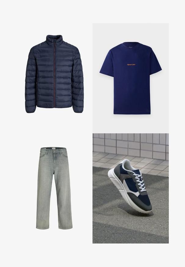 Navy puffer jacket with quilted design, high collar, and a front zipper. Features a contrasting red zipper and elastic cuffs. Soft texture.; Navy blue cotton t-shirt with short sleeves. Features a small, orange embroidered logo at the chest. Classic crew neck design.; Light gray, loose-fitting jeans made of denim. Features a classic five-pocket design, belt loops, and a straight leg silhouette.; Sneaker featuring a navy blue mesh upper, gray suede accents, white rubber sole, and flat white laces, designed for comfort and breathability.