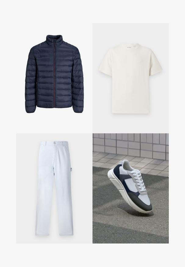 Navy puffer jacket with quilted design, high collar, and a front zipper. Features a contrasting red zipper and elastic cuffs. Soft texture.; White short-sleeve T-shirt in a ribbed texture. Round neckline, relaxed fit, no visible patterns or accents. Simple and versatile design.; Light blue striped trousers made of cotton. Straight-leg design, featuring a front button closure and side pockets. Soft texture.; White, navy, and gray sneaker with a mixed material design, featuring a textured upper, flat laces, and a cushioned sole.