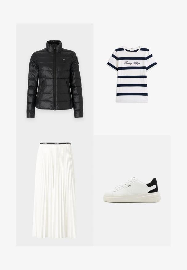Sort pufferjakke med høj krave, lynlås lukning, quiltet design og sidelommer. Har et logo på brystet og på den ene arm.; T-shirt i bomuld med vandrette marineblå striber på en hvid baggrund. "Tommy Hilfiger" broderet i kursiv på brystet. Rund hals.; Plisseret hvid nederdel med en sort elastisk talje, der har "LACOSTE"-logoet. Mellemlang design med blød tekstur.; Hvide lædersneakers med en tyk hvid sål, sort ruskindhælvægt og prægede logoer på siden. Snørebåndsdesign med seks øjer.