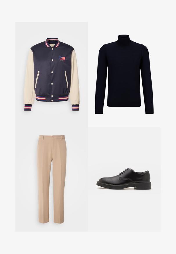 Námořnicko-modrá varsity bunda s krémovými rukávy, pruhovaným žebrovaným límcem a manžetami, vyšitým logem a cvočky. Dvě boční kapsy.; Tmavě modrý rolák vyrobený z jemného pleteného materiálu, s dlouhými rukávy a přiléhavým vysokým límcem. Bez viditelných vzorů nebo akcentů.; Béžové kalhoty vyrobené z hladkého materiálu, s rovnými nohavicemi, předním zapínáním na knoflík a jemnými sklady podél přední části.; Černé kožené šněrovací boty s kulatou špičkou, hladkým povrchem, minimálním prošíváním a nízkým gumovým podpatkem. Logo na patě.