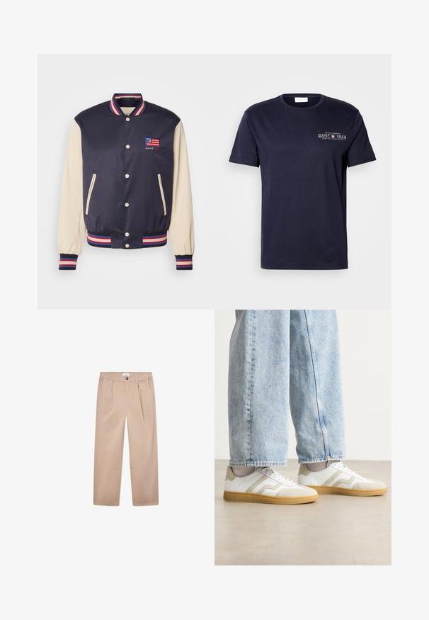 Navyblauwe varsityjack met crèmekleurige mouwen, gestreepte geribbelde kraag en boorden, geborduurd logo en drukknoopsluiting. Twee zijzakken.; Marineblauw katoenen T-shirt met een ronde hals, korte mouwen en een vooropdruk met "GANT 1949" in het wit. Huidige textuur, klassieke pasvorm.; Khaki broek van katoen met een recht gesneden ontwerp, voorzien van twee zijzakken, een knoopsluiting en een klassieke pasvorm.; Witte sneakers met beige suède accenten en lichte rubberen zolen; voorzien van een lage schacht en textuurdetails op de bovenkant.