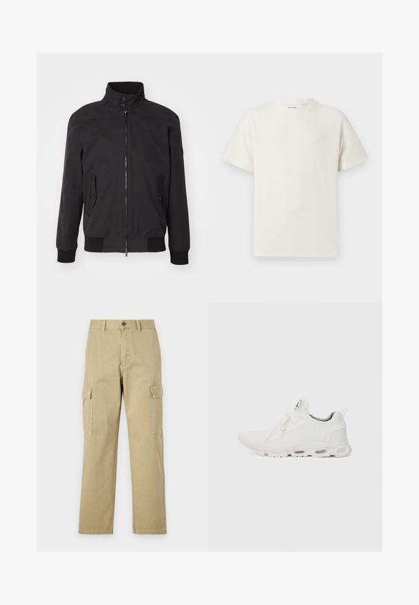Giubbotto bomber nero con colletto alto, chiusura a zip e tasche laterali. Presenta polsini e orlo a coste, tessuto liscio con una texture semplice.; T-shirt bianca a maniche corte in texture a coste. Girocollo, vestibilità rilassata, senza modelli o accenti visibili. Design semplice e versatile.; Pantaloni cargo beige in cotone, dotati di due tasche laterali, chiusura con bottone e gamba dritta con tessuto leggermente texture.; Scarpe atletiche bianche con tomaia in maglia testurizzata, lacci piatti e una suola ammortizzata con camere d'aria visibili per un supporto aggiuntivo.