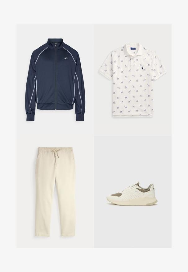 Marinblå zip-jacka med hög krage. Har ljusgrå kontrasterande piping längs axlarna och armarna. Mjuk, slät tygtextur.; Vit polotröja i bomull med ett upprepat blått hundmönster och en liten blå logotyp på bröstet. Korta ärmar och krage.; Off-white casual byxor med elastisk midja och snörning, raka ben och sidofickor mot en enfärgad bakgrund.; Vit och ljusbeige atletisk sneaker med ett meshöverdrag, perforerade detaljer och en texturerad mellansula med varumärke på hälen.