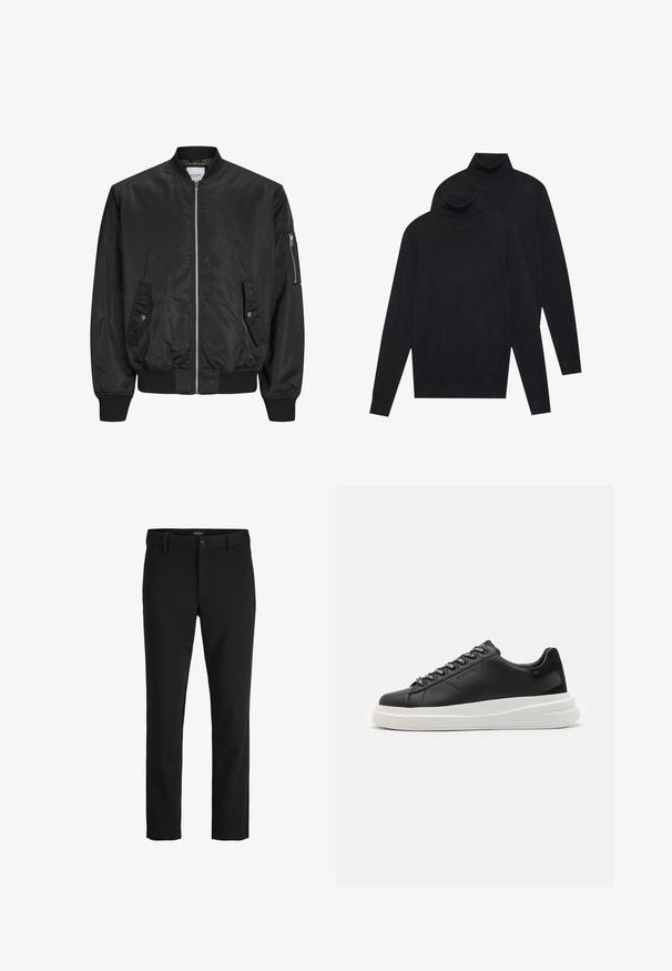 Fekete bomber dzseki sima anyagból, elöl cipzárral, bordázott mandzsettákkal és két gombos oldalzsebbel.; Két fekete, hosszúujjú garbó, sima kötésű, egymásra helyezve, az egyik kicsit a másik mögött, fehér háttér előtt.; Fekete nadrág sima anyagból, klasszikus dizájnnal, egyenes szabással, elülső gombos záródással és oldalsó zsebekkel.; Fekete bőr sportcipő fehér gumitalppal, lapos fűzőkkel és márkázott fűzőlyukakkal. Puha tapintású, kontrasztos oldali akcentussal.