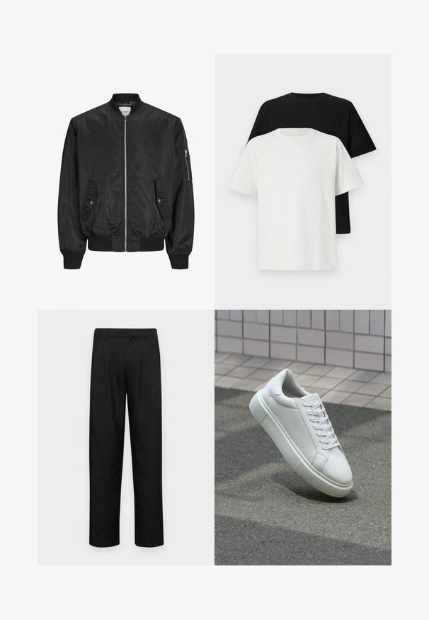 Giubbotto bomber nero realizzato in tessuto liscio, con zip frontale, polsi a coste e due tasche laterali con chiusura a bottone.; Set di t-shirt in cotone composto da una maglietta nera e una bianca, entrambe con maniche corte, scollatura rotonda e vestibilità standard. Tessuto testurizzato.; Pantaloni neri realizzati in tessuto liscio, caratterizzati da un taglio dritto, due pieghe frontali e una vita standard con passanti per la cintura.; Sneaker bianco in pelle con superficie liscia, punta rotonda e lacci piatti bianchi. Presenta una suola in gomma texturizzata e un design minimale.