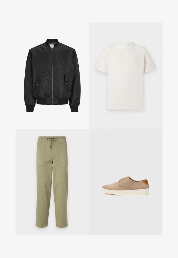 Veste bomber noire en tissu lisse, dotée d'une fermeture éclair sur le devant, de poignets côtelés et de deux poches latérales avec des fermetures à bouton.; T-shirt blanc à manches courtes en texture côtelée. Encolure ronde, coupe décontractée, sans motifs ni accents visibles. Design simple et polyvalent.; Pantalons vert olive clair en tissu mélangé coton, dotés d'une taille élastique avec cordon de serrage et de deux grandes poches latérales.; Baskets en daim beige avec un embout arrondi, un laçage sur le devant et un accent texturé à l'arrière. La semelle en caoutchouc blanche offre un contraste. Design simple et moderne.