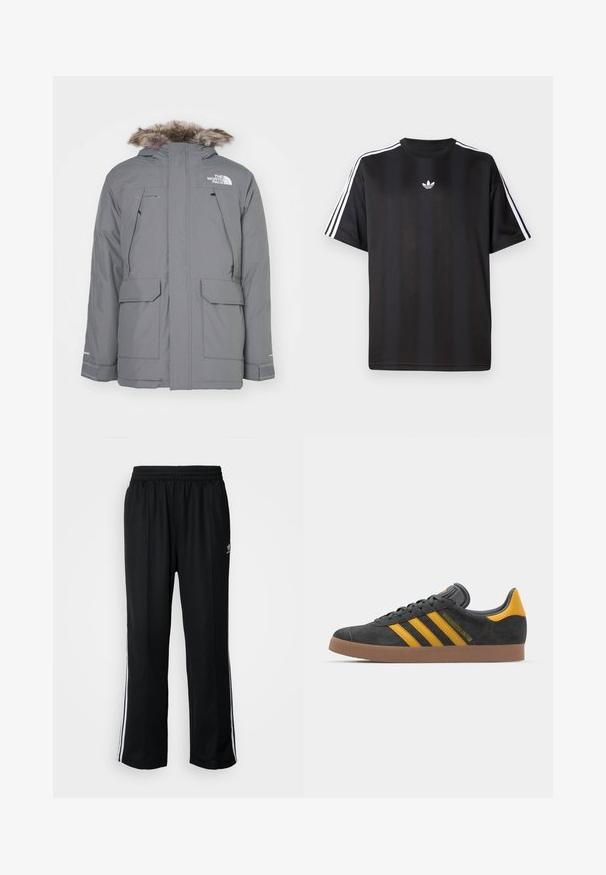 The North Face MURDO - Jakna ispunjena paperjem - smoked pearl; Crna majica kratkih rukava s bijelim trostrukim detaljima na ramenima i malim bijelim logotipom na prsima. Glatka tekstura tkanine.; Crne sportske hlače s elastičnom trakom oko struka, s bijelim bočnim prugama i malim logotipom. Materijal izgleda mekan i lagan.; Crne nubuk tenisice s žutim detaljima, sa tri pruge i smešnim gumenim potplatom. Imaju jastučić na jeziku za udobnost.