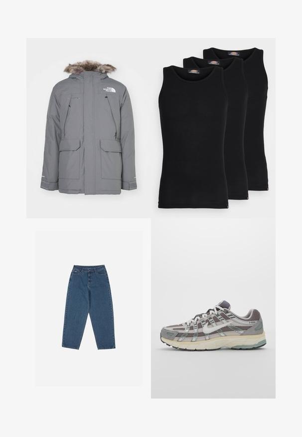 The North Face MURDO - Jakna ispunjena paperjem - smoked pearl; Crne majice na naramenice u pakiranju od tri komada. Rebrasta tekstura, standardni okrugli izrez, bez rukava. Rub sadrži mali logo brenda na dnu.; Plave traperice s opuštenim krojem, visokim strukom, dizajnom s pet džepova i naglašenim šavovima. Imaju kopčanje na gumb i patentni zatvarač.; Siva sportska tenisica s gornjim dijelom od mrežaste tkanine i zamshta, bijelim detaljima, amortizirajućom potplatom i prepoznatljivim dizajnom s refleksivnim elementima.
