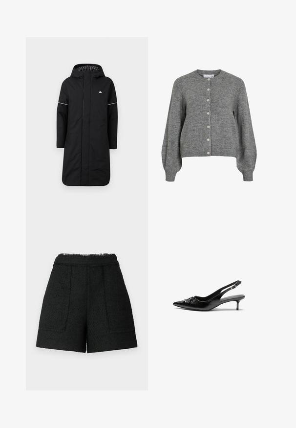 Črn dolg dežni plašč s kapuco, z sprednjim zadrgo, belimi poudarnimi obrobami in prugastim notranjim podloženjem. Logo na prsih. Gladka tekstura.; Siv veste iz pletenine z okroglo ovratnikom, dolgimi pufastimi rokavi, rebrastimi manšetami in robom, sprednjim zapiranjem na gumb s sedmimi belimi gumbi.; Bela kratka majica s kratkimi rokavi iz rebrastega materiala. Ima okrogel izrez in oprijeto silhueto. Gladek tekstura brez vzorcev.; Črne hlače iz teksturirane tkanine s razmajanim robom, ki imajo dva sprednja žepa in prilegajoč kroj.; Črne usnjene slingback pete z izostrenim nosom, majhno mačje peto in okrasno vozličasto podrobnostjo na sprednjem delu. Gladka tekstura po celotni površini.