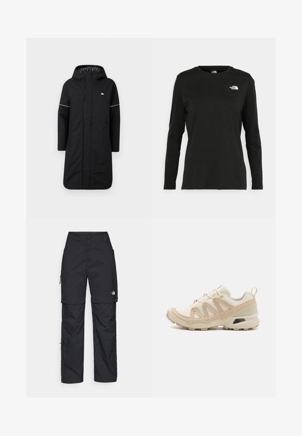Fekete, hosszú esőkabát kapucnival, elülső cipzárral, fehér díszítő csíkkal és csíkos belső béléssel. Logó a mellkason. Simított textúra.; Fekete, hosszú ujjú póló pamutból, kerek nyakkal. A bal mellrészen egy kis fehér logó található. Egyszerű dizájn és szabás.; Fekete nylon zipzáras cargo nadrág állítható mandzsettával, több zsebbel és logóval a jobb lábon. Simább, könnyű textúra.; Beige és krém színű sportcipő, texturált hálós felsőrésszel, támogató burkolattal és gumitalppal, amely tapadás érdekében bordázott mintázattal rendelkezik.