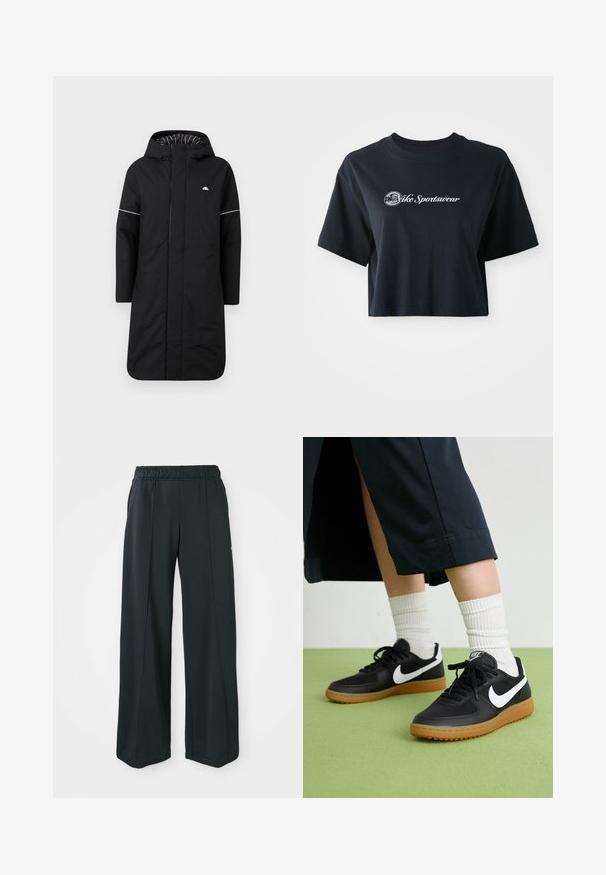 Trench preto longo impermeável com capuz, apresentando um fecho frontal, piping de destaque branco e um forro interior listrado. Logotipo no peito. Textura suave.; T-shirt preta de algodão, cortada, com mangas curtas, apresentando o texto branco "Vice Sportswear" e um gráfico circular na parte da frente.; Calças atléticas largas e pretas com um cós elástico. Feitas de um tecido liso e elástico, com costuras frontais discretas e sem bolsos.; Sapatilhas pretas em couro e sintético com o logo da Nike em branco, sola de borracha tipo goma, bico redondo e atacadores pretos. Meias brancas com frunces visíveis.