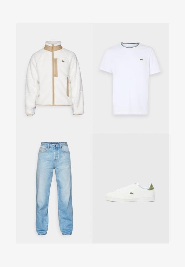 Lacoste Polárdzseki - flour/viennese; Fehér pamut, rövid ujjú póló bordás gallérral, zöld és fekete csíkokkal; kis zöld hímzett logó a bal mellen.; Világoskék farmernadrág, egyenes szabással, öt zsebes dizájnnal és látható gombos cipzárral, kontrasztos varrással.; Fehér sportcipő sima textúrával, zöld akcentussal a sarkán, és egy kis hímzett krokodil logóval az oldalán.