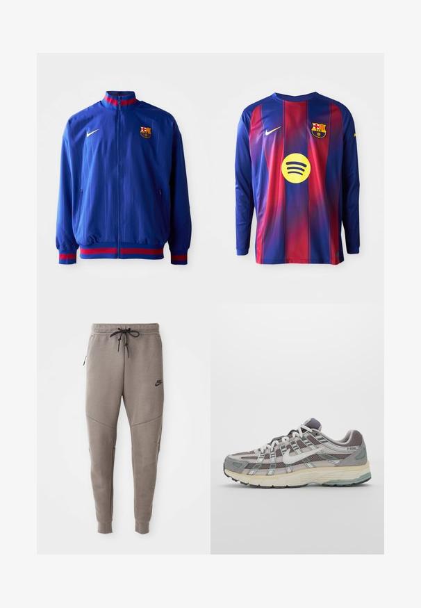 Blue Nike track jacket featuring vertical pinstripes, a high collar, and red and blue accents. Includes zippered pockets and club logo.; Long-sleeve football jersey featuring blue and red vertical stripes, Nike logo, Barcelona crest, and a circular Spotify logo in the center.; Gray Nike sweatpants with a drawstring waistband, tapered legs, side pockets, and distinct seam detailing. Soft, textured fabric.; Gray athletic shoe featuring a mesh and suede upper, white accents, a cushioned sole, and a distinctive design with reflective elements.