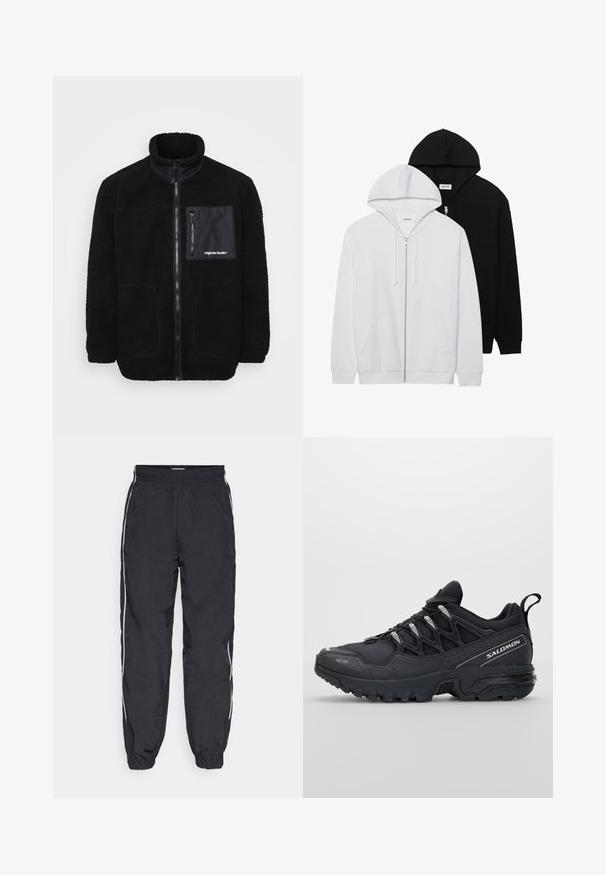 Svart fleecejakke med høy krage, glidelås foran, brystlomme og to sidelommer. Har glatte stoffdetaljer og sømdekorasjoner.; To zip-up hettegensere i svart og hvitt, med snorhetter, kenguru-lommer, ribbede mansjetter og myk tekstur.; Sett med tre grunnleggende t-skjorter i svart, hvitt og lys grå. Korte ermer, rund hals, laget av glatt bomullsstoff. Merkevaren synlig.; Sorte joggebukser laget av lett stoff, med elastisk midje, avsmalnende ben og hvite sidestriper.; Svarte joggesko med mesh-overdel, gummisåle og reflekterende detaljer. Har en polstret såle og snøring.