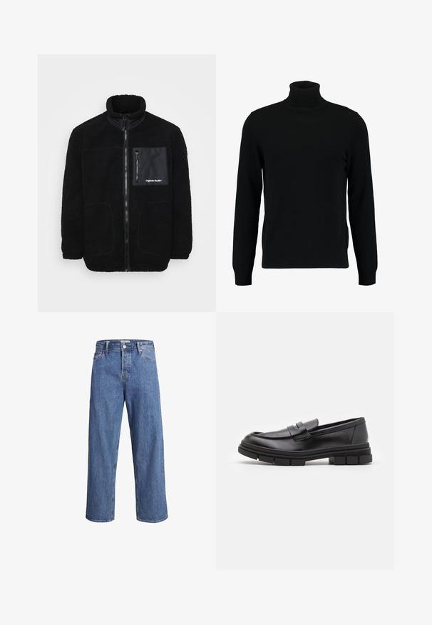 Čierna fleece bunda s vysokým golierom, predným zipsom, vreckom na hrudi a dvoma bočnými vreckami. Obsahuje hladké tkaninové akcenty a šité detaily.; Čierny rolák vyrobený z mäkkého pleteného materiálu. Má dlhé rukávy, rebrovaný golier a lem. Jednoduchý, elegantný dizajn bez vzorov.; Čierna košeľa na gombíky vyrobená z hladkej tkaniny, so štyrmi náprsníkmi, bodovým golierom a gombíkovými manžetami. Jednoduchý dizajn s minimálnym zdobením.; Svetlomodré denimové džínsy so strihom rovného nohavice, vysokým pásom a minimálnymi detalmi šitia. Tkanina má mäkkú, mierne vyblednutú textúru.; Čierne kožené poltopánky s hladkým povrchom, s predným remienkom a robustnou gumovou podrážkou s drážkovanými akcentmi.