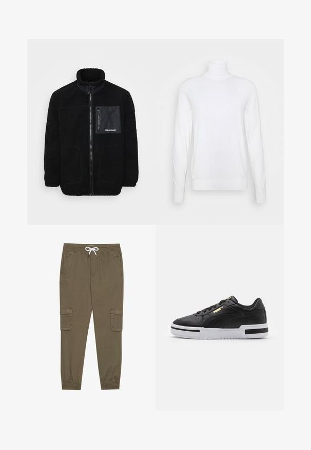 Musta fliistekoot alusjope kõrge kraega, lukuga ees, rinnahoidjaga ja kahe küljetaskuga. Omab siledat kangast aksessuaare ja õmmeldud detaile.; Valge kõrge kaelusega kampsun pikkade varrukatega, valmistatud siledast kangast. Omab sobivat lõiget ning üldiselt ribaroheline varrukate ja küljepidi. Ei sisalda mustreid ega aktsente.; Khaki cargo püksid elastse vöökoha ja stringiga, külgtaskud ja voltidega pahkluude juures. Valmistatud tekstureeritud, kerget materjalist.; Must have nahkast jooksujalats valge vaheosaga, perforatsiooni kohal, kuldse logosilmbiga, pehmendusega kaelaosas ning kontrastsete mustade aktsentidega külgedel.