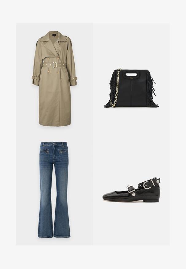 Maje GREENA - Lietpaltis - kaki; Jūros mėlynos spalvos šonkaityta polo marškinėliai su smailiu apykakle, trumpomis rankovėmis ir dviem priekinėmis kišenėmis su šonu užsegamais mygtukais; išryškinti baltais siūlų akcentais.; Mėlyni džinsai su plačiomis blauzdomis, vidutinio aukščio juosmeniu, turi priekines ir galines kišenes bei subtilų išblukimą.; Juodas lakinės odos plokščias batelis su kvadratiniu pirštu, kulkšnies dirželiu su sidabro detalėmis ir plokščiu padu. Sklandus paviršius su minimalistišku dizainu.; Juodas odinis rankų darbo rankinys su frinzuotomis detalėmis, auksine grandinės petneša ir išpjauto dizaino rankena. Pirmoje pusėje yra logotipo vieta.