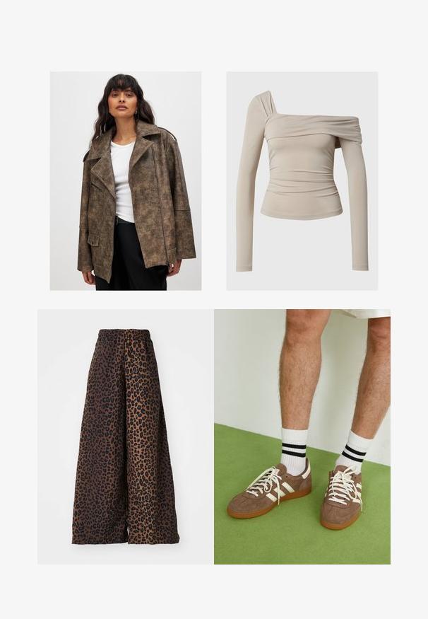 Brown faux leather jacket with a notched collar, zippered front, and side pockets. Features a textured finish and relaxed fit.; Beige long-sleeve top with an off-the-shoulder design, featuring a ruched texture and a fitted silhouette. Smooth, stretchy fabric.; Wide-leg trousers made of smooth fabric, featuring a brown background with a black leopard print pattern and an elastic waistband.; Brown suede sneakers with white accents and laces. Rubber gum sole. Worn with white socks featuring black stripes. Green textured flooring.