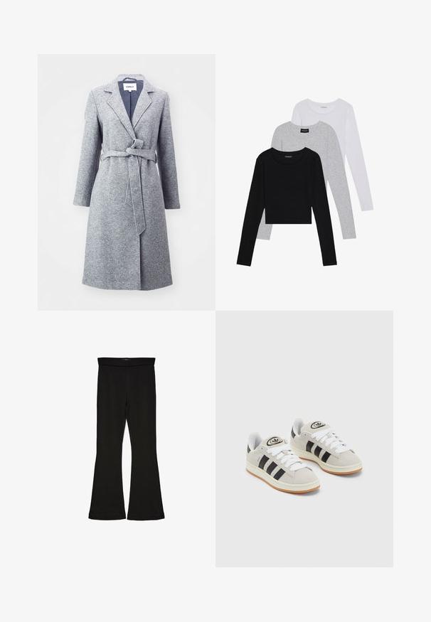 ONLY ONLNICOLE LIGHT WRAP - Palton clasic - light grey; Trei bluze cu mânecă lungă așezate: neagră, gri și albă. Fiecare are un guler rotund și un design scurt, realizat dintr-un material fin și ușor.; Leggings negre cu tiv evazat, realizate dintr-un material elastic. Au o talie largă și o textură fină, cu o siluetă ajustată care se lărgește la tiv.; Adidași din suede gri cu șireți albi, dungi negre și talpă din cauciuc alb. Prezintă un logo circular pe limbă și o talpă din cauciuc.