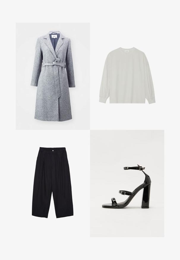ONLY ONLNICOLE LIGHT WRAP - Klassischer Mantel - light grey; Helles graues Langarm-T-Shirt aus weicher Baumwolle. Mit lockerer Passform, Rundhalsausschnitt und sanft gerafften Bündchen. Keine Muster oder Grafiken.; Schwarze Polyester-Culotte mit einem elastischen Bund, zwei vorderen Falten und einer lockeren Silhouette. Keine sichtbaren Muster oder Hardware-Details.; Schwarze patentierte Sandalen mit Absatz, quadratischer Spitze, Knöchelriemen und silbernen Schnallen. Mit einem stabilen Blockabsatz für mehr Stabilität.
